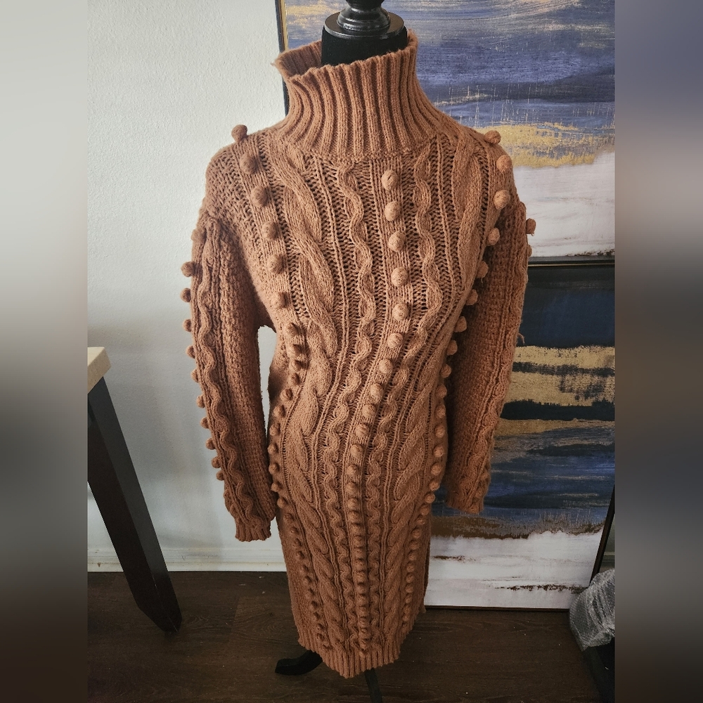 LORAGAL Brown Knit Sweater Dress with Pom Pom Details XLarge